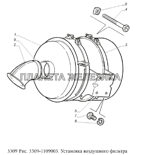 Установка воздушного фильтра ГАЗ-3309 (Евро 2)